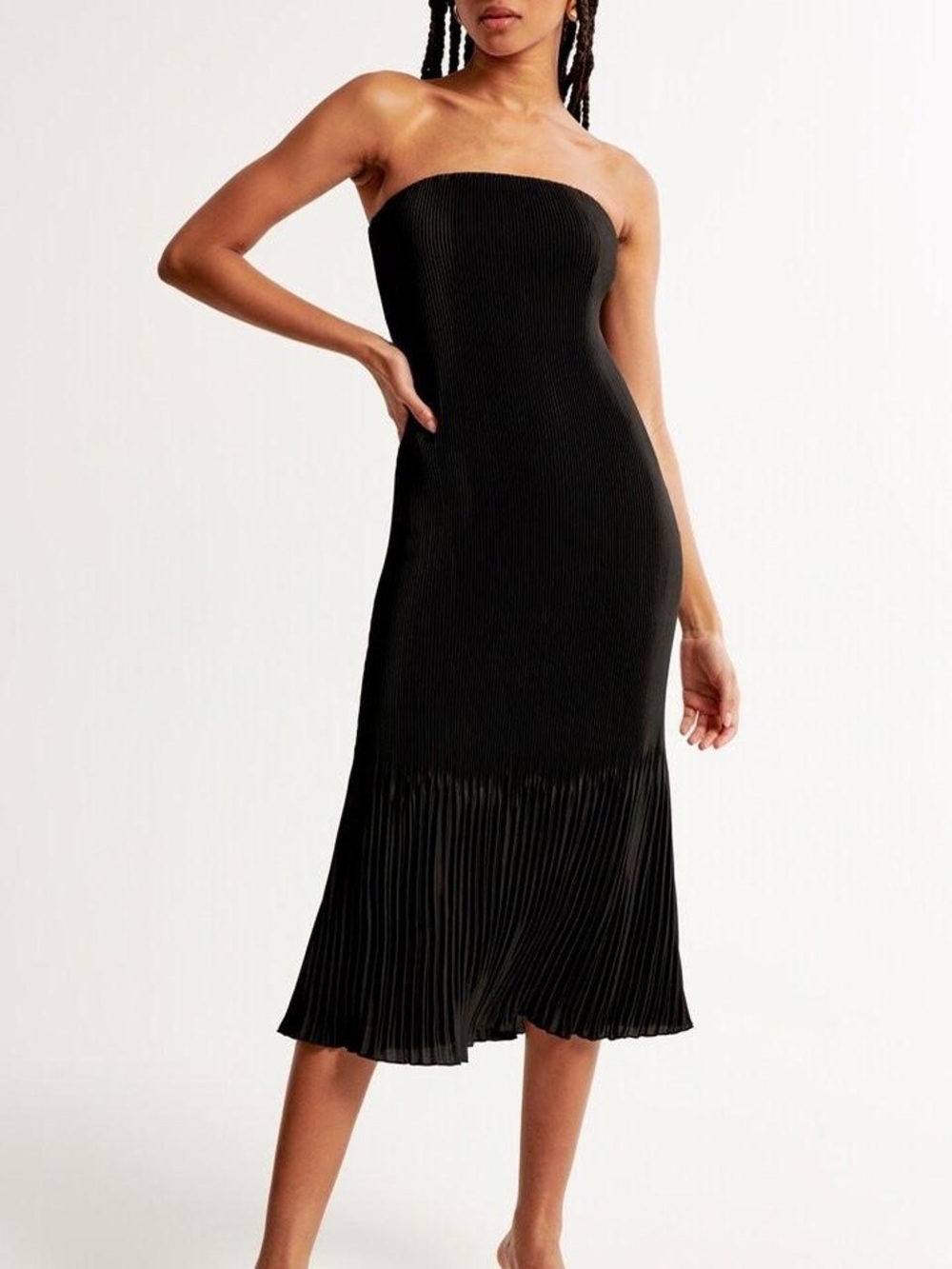 Abercrombie & Fitch Strapless Black Pleated-Hem Midi Dress